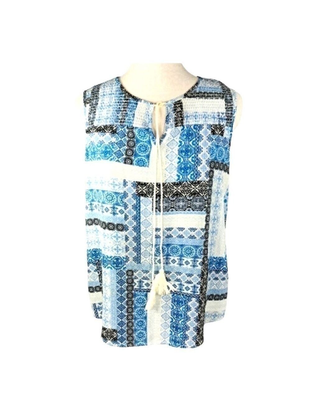 Suzy Shier Blue Geometric Zellige Print Boho Sleeveless Top with Shirring Size M - Picture 2 of 12